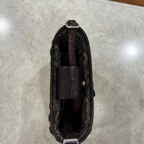 BRIGHTON Wicker Straw Purse Shoulder Bag Dark Brown Croc Leather Trim - Picture 6 of 11